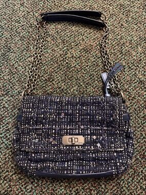 Coach Navy Tweed Chain Shoulder Bag with Gold-Tone Hardware